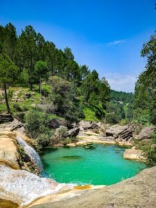 A pool of water surrounded by rocks and trees